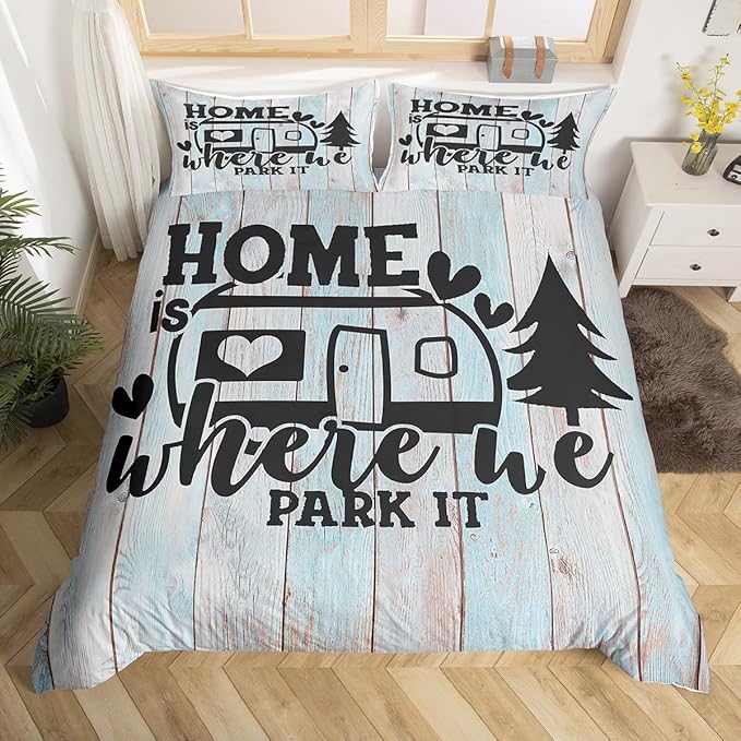 Farmhouse Rustic Camping Comforter Cover,Funny Home Where We Park It Duvet Cover for Girls Teens Decorative Bedroom,Explore Camper Gifts RV Life Polyester Quilt Cover with 2 Pillowcases, Full Size