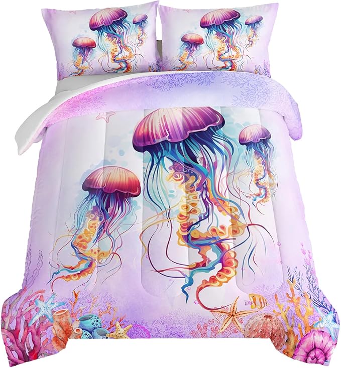 HOSIMA Pink Jellyfish Comforter Set Full Size for Adults Kids,Marine Life Theme Bedding Set,The Underwater World Watercolor Tie Dye Bedding Room Decor for Girls with 2 Pillowcases.