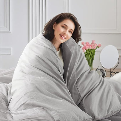 NEXHOME PRO Duvet Cover Set King Size Linen Feel Textured Organic Natural 100% Washed Cotton Duvet Cover 3 Pieces Bedding Set with Zipper Closure, Breathable, Soft, Light Grey (No Comforter)