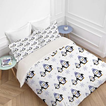 Penguin Bedding Set Cartoon Penguin Animal Theme Comforter Set Covers for Kids Teens Women Penguins Duvet Cover Bedroom Decor Soft King Size Quilt Cover with 2 Pillowcases