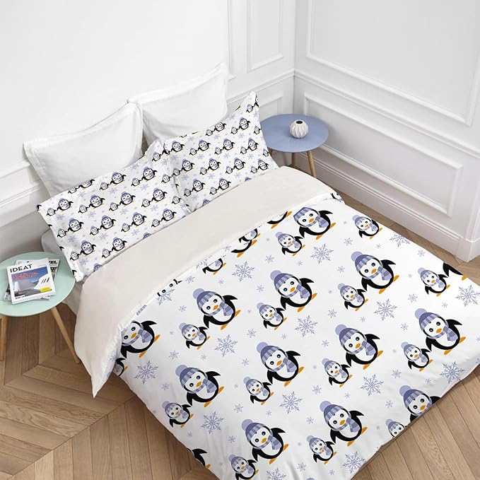 Penguin Bedding Set Cartoon Penguin Animal Theme Comforter Set Covers for Kids Teens Women Penguins Duvet Cover Bedroom Decor Soft Full Size Quilt Cover with 2 Pillowcases