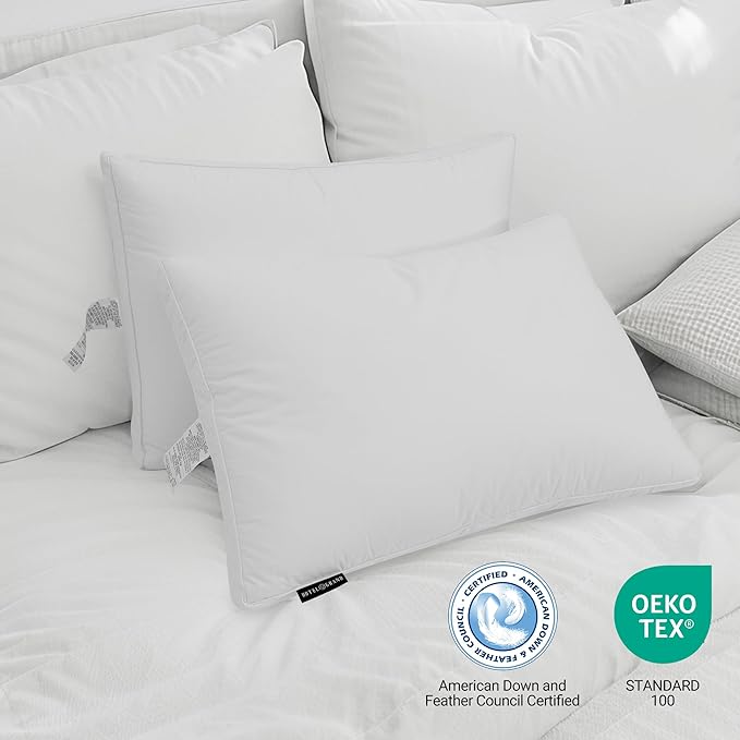 Hotel Grand Goose Feather Down Fiber Pillows King Size Set of 2, 100% Cotton Cover Hotel Collection Gusseted Bed Pillows for Back, Stomach or Side Sleepers, White