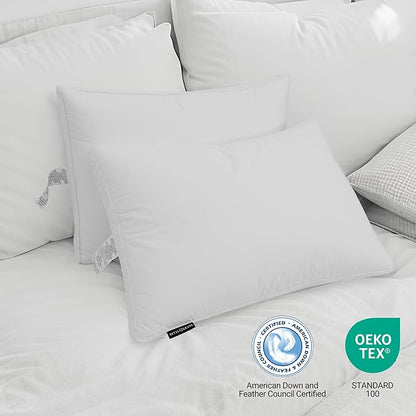 Hotel Grand Goose Feather Down Fiber Pillows King Size Set of 2, 100% Cotton Cover Hotel Collection Gusseted Bed Pillows for Back, Stomach or Side Sleepers, White