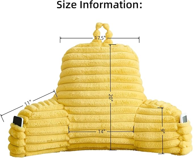 Faux Fur Fluffy Yellow Reading Pillow with Pockets, Luxury Striped Plush Decorative, Arm Rests and Back Support for Bed Rest, Lounging on Sofa, Extra Large Size for Adult.