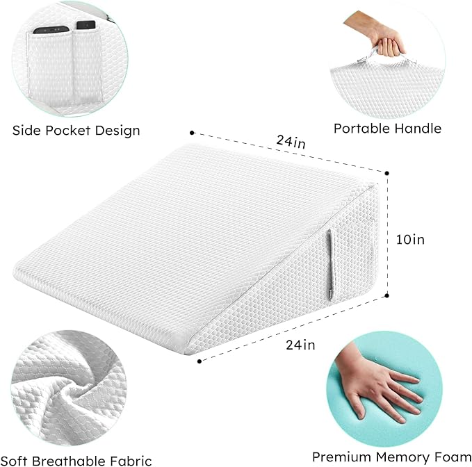 Bedluxe Wedge Pillow, 10 inch Bed Wedge Pillow for Headboard, Pillow Wedge for Acid Reflux Relief, Sleeping, After Surgery, Snoring, Gerd, Triangle Pillow Wedge - Cooling Memory Foam Top, White