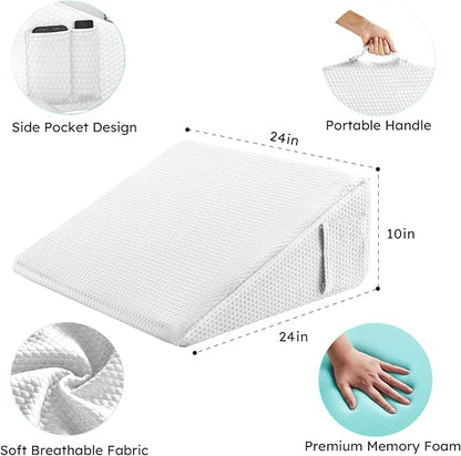 Bedluxe Wedge Pillow, 10 inch Bed Wedge Pillow for Headboard, Pillow Wedge for Acid Reflux Relief, Sleeping, After Surgery, Snoring, Gerd, Triangle Pillow Wedge - Cooling Memory Foam Top, White