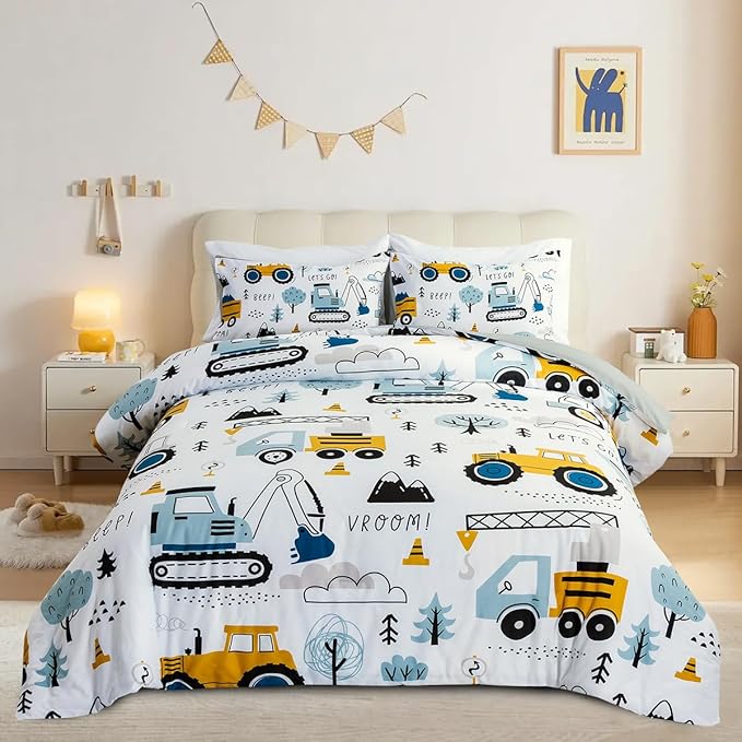 NTBED Construction Truck Twin Comforter Set for Boys Kids Forest Vehicles Excavator Lightweight Microfiber Bedding Sets