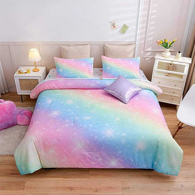 A Nice Night 6Pcs Gradient Glitter Bedding Set for Girls, Colorful Rainbow Galaxy Comforter Set, Ultra Soft Bedding Sets (Pink,Queen 6Pcs)