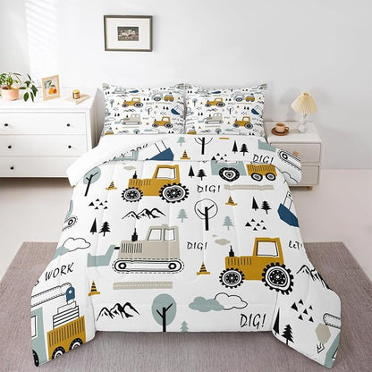 Feelyou Cartoon Car Kids Comforter Set Construction Bedding Set for Boys Toddler Decor Equipment Trucks Comforter Cartoon Car Excavator Tractor White Yellow Duvet Set Bedroom Quilt Set 3Pcs King