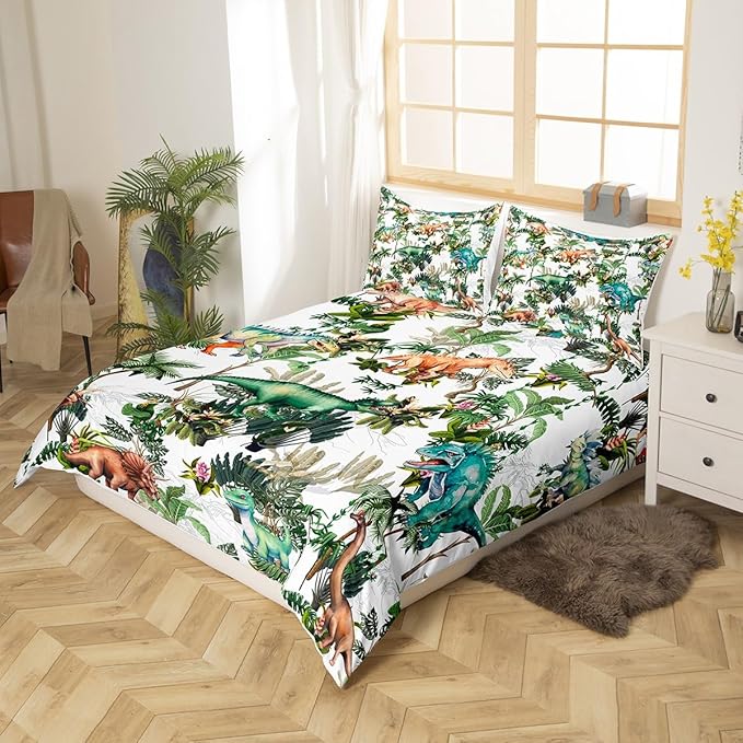 Colorful Dino Duvet Cover Queen Size,Dinosaur Cartoon Wild Animal Painting Duvet Cover Set for Children Adult,Green Leaves Tropical Botanical White Soft Comforter Cover for Dorm Room, Zipper, Ties