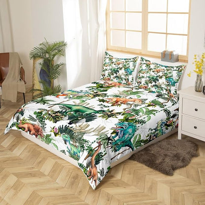 Colorful Dino Duvet Cover Queen Size,Dinosaur Cartoon Wild Animal Painting Duvet Cover Set for Children Adult,Green Leaves Tropical Botanical White Soft Comforter Cover for Dorm Room, Zipper, Ties