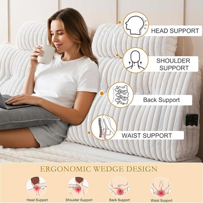 YOUR MOON Large Wedge Headboard Pillow Queen for Back with 2 Roll Pillows, Faux Fur Backrest Cushion with Shredded Memory Foam, Triangular Wedge Reading Pillow for Bed Sitting Up Sleeping, White