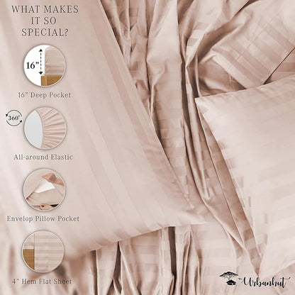URBANHUT 1000 Thread Count Damask Striped Twin Size Egyptian Cotton Sheets, Long Staple Soft & Breathable, 4 Pc Bed Sheet Sets, Luxury Hotel Sateen Sheets Fits 16" Deep Pocket - Blush Pink