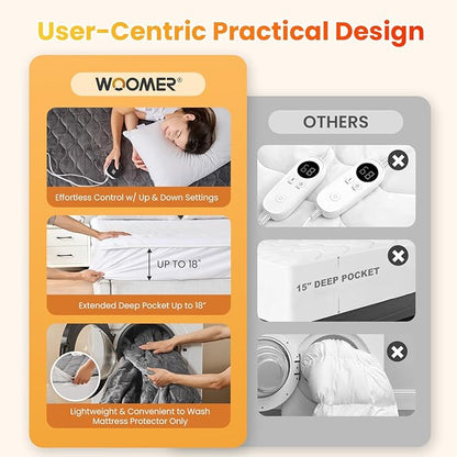 WOOMER Heated Mattress Pad King Dual Control - 78"x80" Electric Mattress Pad, 1-10 Heat Settings, 0.5-12H Auto Shut-Off, Removable Velvet Cover, 18" Deep Pocket, ETL Certified, Grey