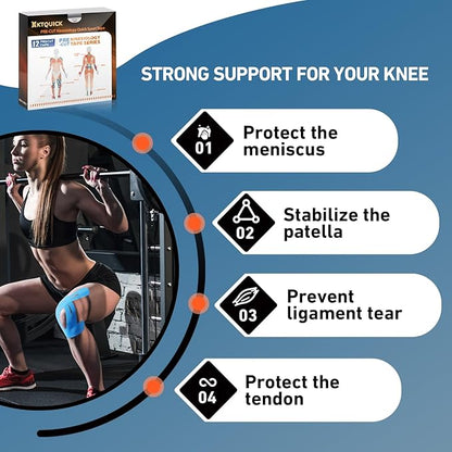 PreCut Kinesiology Tape for Knees, 12 PCS Waterproof KTQUICK Knee Tape for Knee Pain Relief Pre Cut, Original Cotton Athletic Knee Tape, Waterproof & Hypoallergenic Latex-Free for Sports (Blue)
