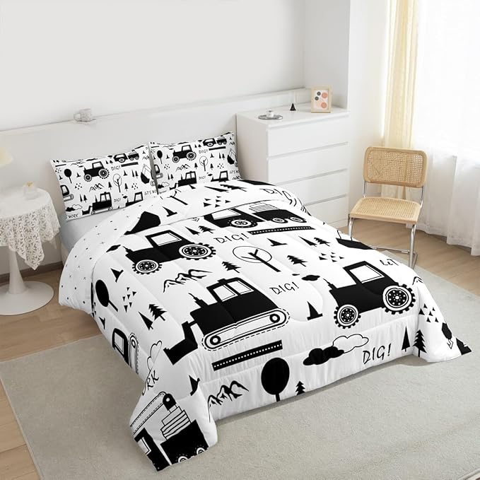 Feelyou Construction Bedding Set King Size Equipment Trucks Comforter Set for Kids Boys Girls Decor Cartoon Car Excavator Tractor Comforter Black White Duvet Set Bedroom Quilt Set