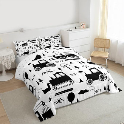 Feelyou Construction Bedding Set Queen Size Equipment Trucks Comforter Set for Kids Boys Girls Decor Cartoon Car Excavator Tractor Comforter Black White Duvet Set Bedroom Quilt Set