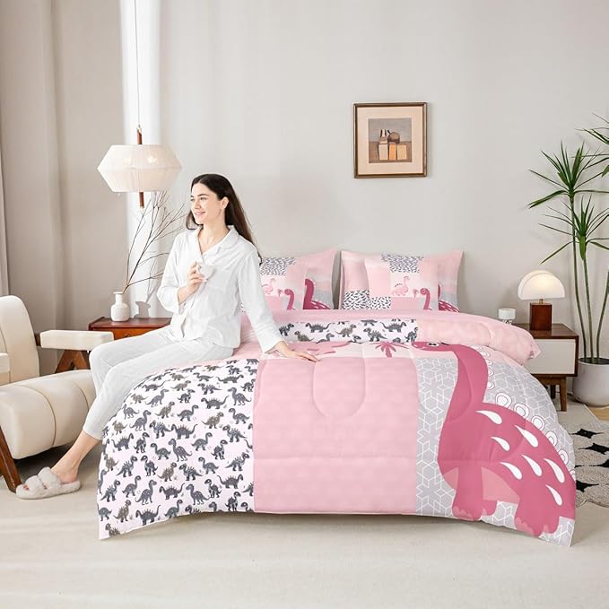 Feelyou Cute Dinosaur 7 Piece Bedding Set Pink Dinosaur Comforter Set with Sheets Full Size for Kids Boys Girls Geometric Pattern Bed in a Bag Animal Theme Bed Set Soft Lightweight