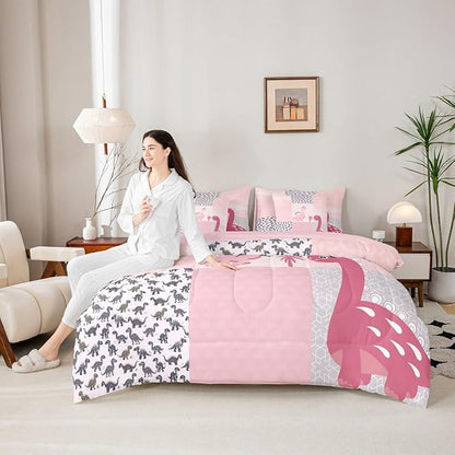 Feelyou Cute Dinosaur 7 Piece Bedding Set Pink Dinosaur Comforter Set with Sheets Twin Size for Kids Boys Girls Geometric Pattern Bed in a Bag Animal Theme Bed Set Soft Lightweight