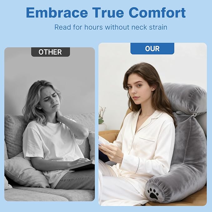 Reading Pillow Plus, Crystal Velvet Back Pillow Bed Sitting Up for Adult & Children, Back Rest Pillow Support for Reading & Rest Bed, Add Height and Removable Pillows Design, for Xmas Gift, Grey