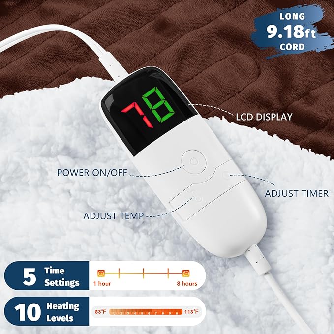 BOMOVA Heated Electric Blanket Full Size - 72" x 84" Heating Blanket with 10 Heating Levels & 8 Hours Auto Off, Warm Flannel Blanket, Christmas Birthday Gifts for Women