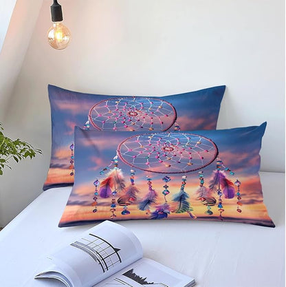 Queen Size Duvet Cover Bedding Set for Summer Cooling Comforter Cover Soft Quilts Duvet Cases Bedroom Set Boho Dreamcatcher Sunrise/Sunset Native American Feathers Beads,Queen