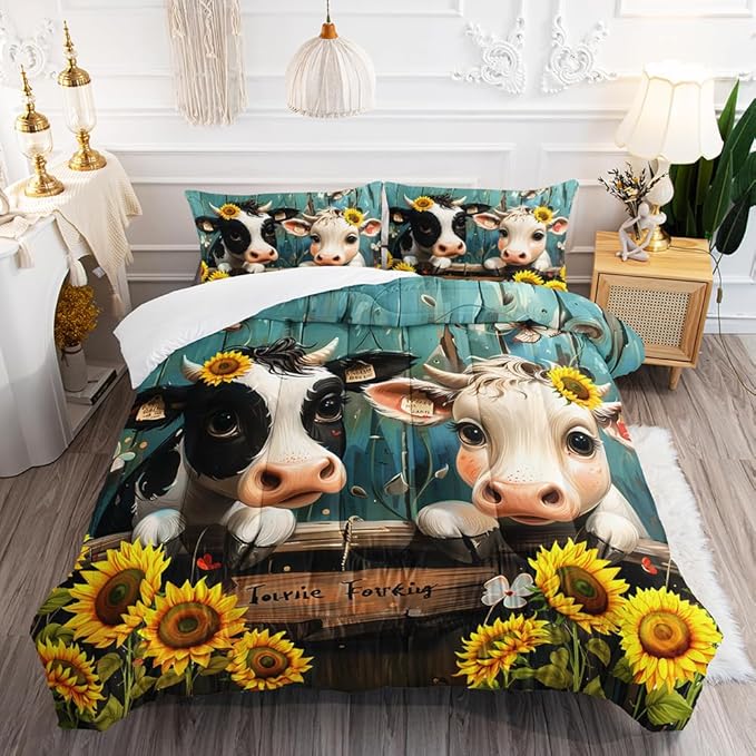 Cute Cow Print Comforter Set Twin Size Sunflower Highland Cow Bedding Set Farm Animals Cow on Fence Quilt Bed Set with 1 Comforter and 2 Pillowcases for Kids Boys Girls Room Decor, D-cow2
