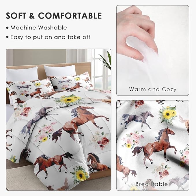 Queen Size Comforter Set with 2 Pillowcase, Vintage Horse Brown Soft 3 Pcs Bedding for Kids and Adults, Get Watercolor Run Comforter Set for Room Bedroom Bed Decor