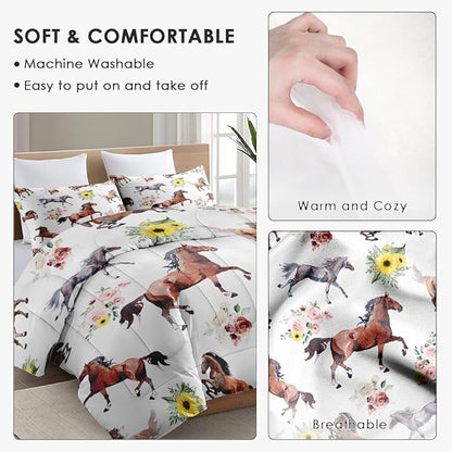 Full Size Comforter Set with 2 Pillowcases, Vintage Horse Brown Soft 3 Pcs Bedding for Kids and Adults, Get Watercolor Run Comforter Set for Room Bedroom Bed Decor