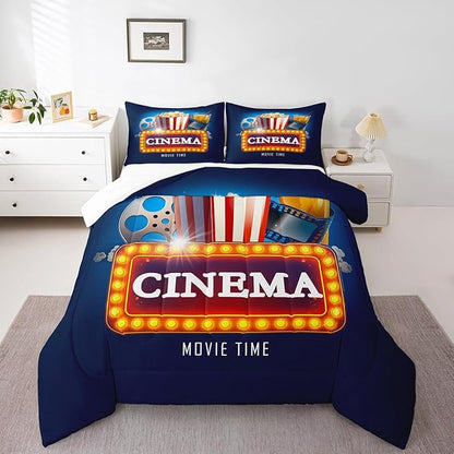 Castle Fairy Movie Theater Full Size Comforter Set,Vintage Cinema Ticket Bedding Set for Adults Teens,Children Popcorn Comforter Luxury Filmstrip Quilt Set Room Decor 3Pcs