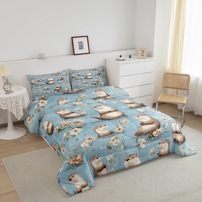 Cartoon Otter Comforter Set Toddler Size 2 Pcs Cute Gray Wild Animal Decor Bedding Sets for Kids Boys Girls Teens Watercolor Retro Flowers Rustic Style Quilted Comforter with 1 Pillowcase