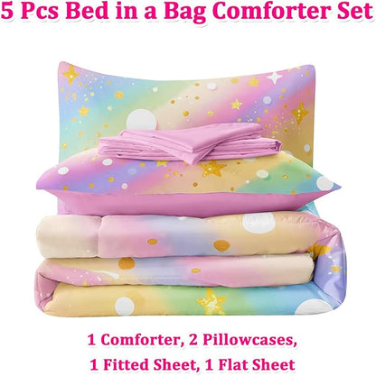 5 Pcs Twin Bedding Sets for Girls, Pink Glitter Rainbow Bed in A Bag Twin Size Bed Set, Stars Galaxy Bedding Comforter Set for Girls