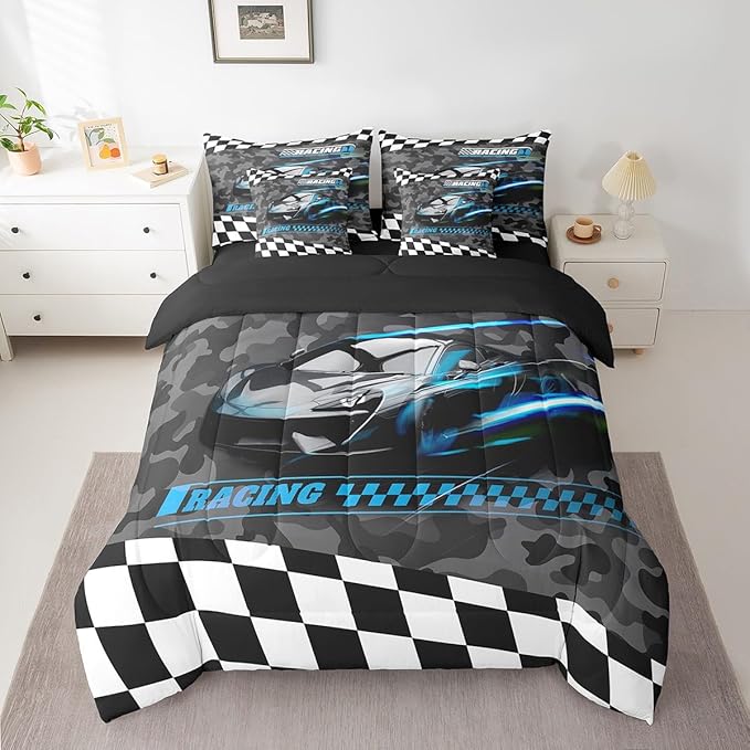 Feelyou Blue Racing Car 7 Piece Bedding Set King Size Kids Boys Speed Race Car Comforter Set with Sheets for Teens Toddler Extreme Sports Bed in a Bag Camouflage Bed Set