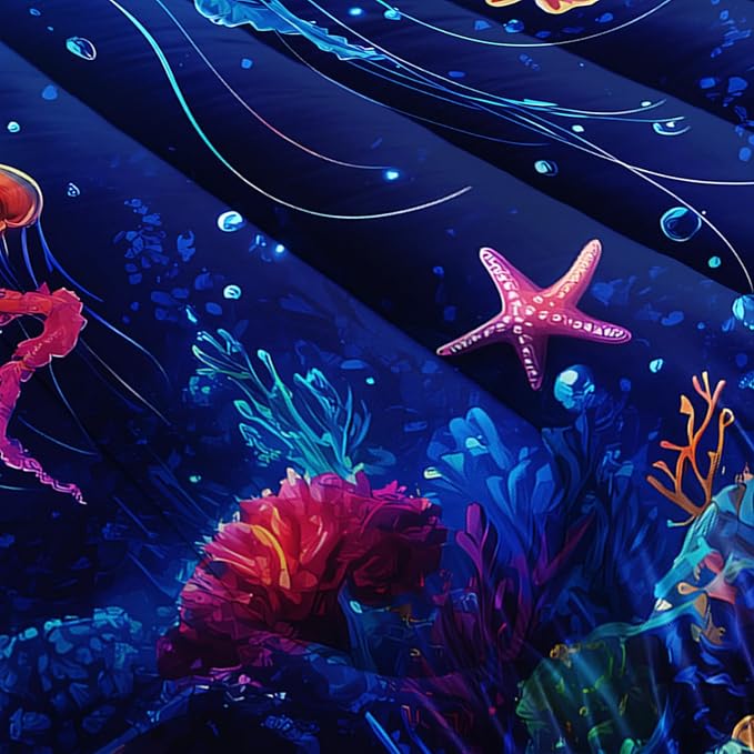 Fantasy Jellyfish Comforter Queen Bedding Sets for Girls Kids Toddlers,Coral Starfish Ocean Theme Bedroom Decor,Blue Underwater World Bedding Sets with 2 Pillowcases.