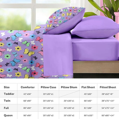 Nesker 7 Pcs Comforter Set Queen Size, Colorful Butterfly Bedding for Kids Teen, Cute Cartoon Flowers with Fitted Sheet 2 Pillowcases & 2 Shams for Bedroom Bed Decor