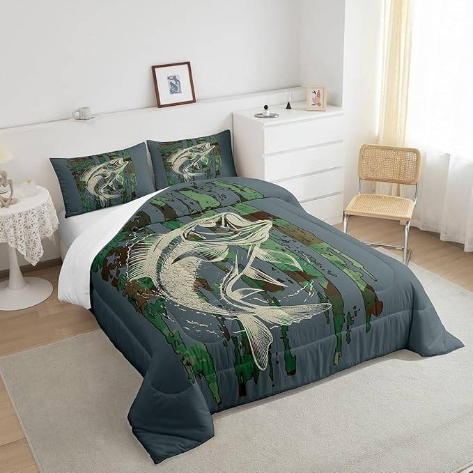 Feelyou Kids Green Camouflage Bedding Set Camo American Flag Comforter Set for Boys Girls Farmhouse Fishing Decor Comforter Wild Quilted Set Bedroom 2Pcs Toddler Size