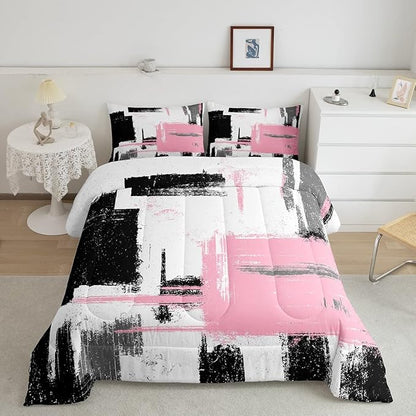 Feelyou Abstract Bedding Set Comforter Set for Kids Boys Children Modern Abstract Art Comforter Ultra Soft Decor Black Pink White Duvet Set Full Size