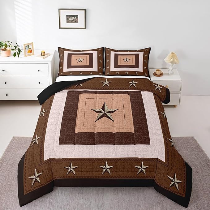 Feelyou Western Decor Comforter Set King Size Western Texas Star Print Comforter Cowboy Bedding Set Southwestern Native Aztec Duvet Set Room Decor Beige Brown Quilt Set