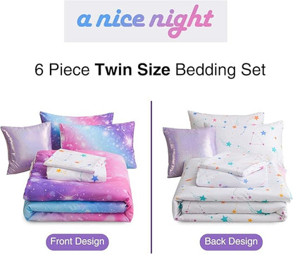 A Nice Night 6Pcs Gradient Glitter Bedding Set for Girls Twin Size, Colorful Rainbow Galaxy Comforter Set, Ultra Soft Bedding Sets, Purple