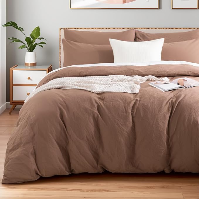 NEXHOME PRO Duvet Cover Set 100% Washed Cotton Super King 108"x98", Organic Natural Linen Look Textured 3 Pieces Bedding Set Mocha Brown with Zipper Closure, Breathable (No Comforter)