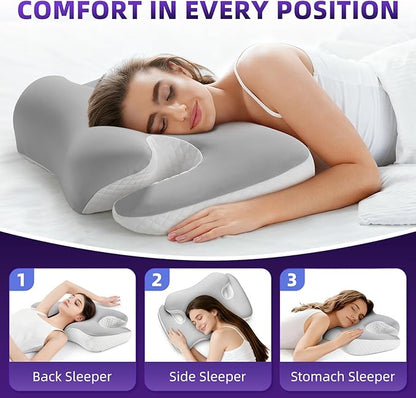 Cervical Neck Pillow，Ergonomic Memory Foam Pillows for Neck and Shoulder Pain Relief,Adjustable Contour Neck Support Bed Pillow for Side Back Stomach Sleepers-Women Men Gift(Ash Grey)