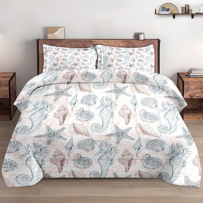 Twin Size Comforter Set with Pillowcase, Sea Shells Seahorse Coral Soft 2 Pcs Bedding for Kids and Adults, Underwater Seashell Retro Comforter Set for Room Bedroom Bed Decor
