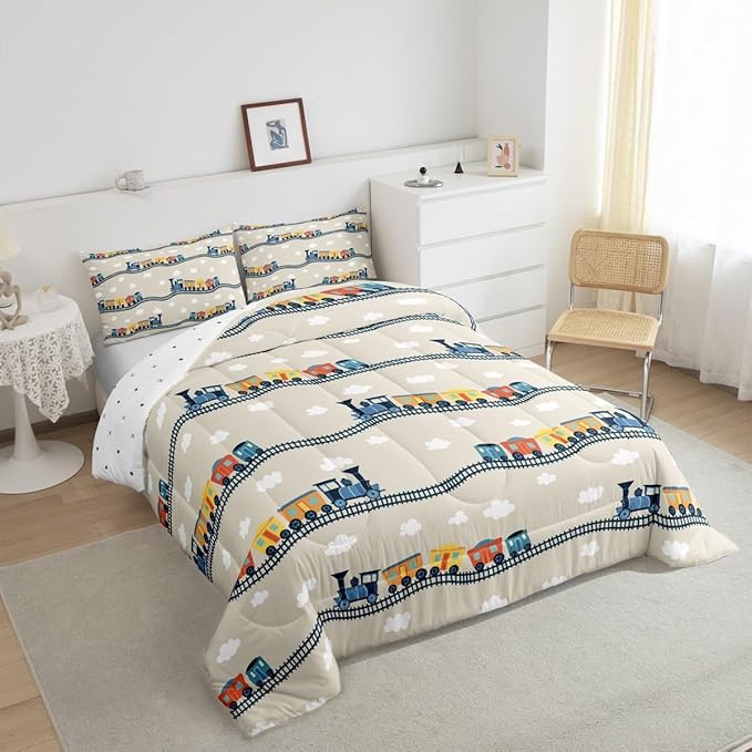 Erosebridal Kids Cartoon Train Bedding Sets Queen for Boys Cute Truck Car Themed Comforter Set Kawaii Steam Engine Duvet Insert White Clouds Watercolor Beige Print Comforter for Kids Bedroom