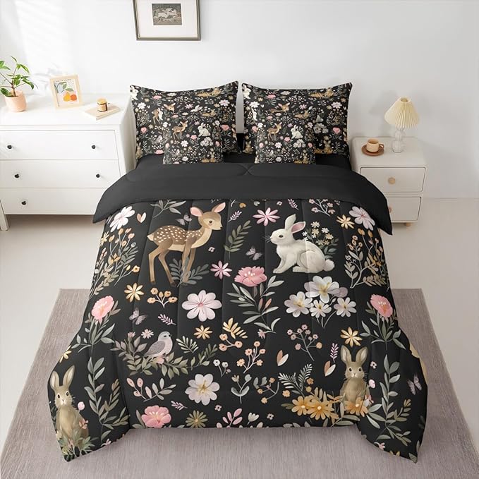 Feelyou Cute Deer and Rabbit 7 Piece Bedding Set Floral Flower Comforter Set with Sheets for Kids Boys Girls Nature Plants Bed in a Bag Black Colorful Bed Set Soft Lightweight