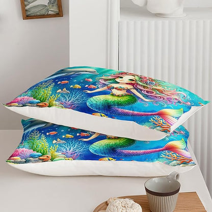 Cute Mermaid Comforter Set Twin Size, Dolphin Coral Seaweed Fish Ocean Theme Bedding Set, Colorful Romantic Room Decor for Girls