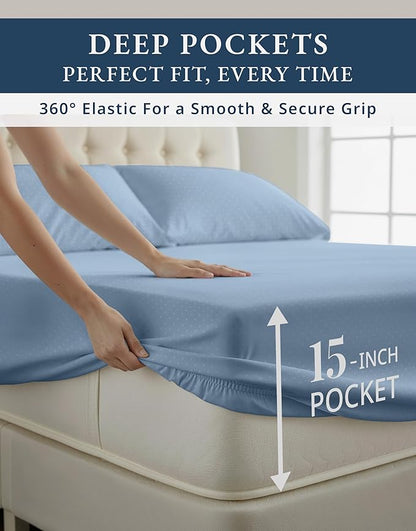 LANE LINEN Split King Sheets for Adjustable Beds - 5PC Sheets Set, 100% Egyptian Cotton, Cool Breathable & Soft, 2 Fitted Fits Upto 15" Deep Pockets - Swiss Dot French Blue