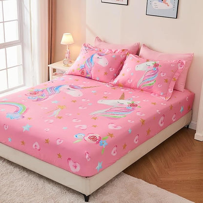 Wajade Pink Unicorn Comforter Set for Girls 7 Piece Cute Cartoon Bedding Set for Kids Full Size as Birthday Gift with Comforter, Sheet Set, Pillowcase and Sham