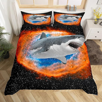 3D Shark Queen Duvet Cover,Starry Galaxy Nebula Comforter Cover 3pcs,Fierce Sea Creature with Sharp Teeth Bedding Set,Mystery Universe,No Comforter