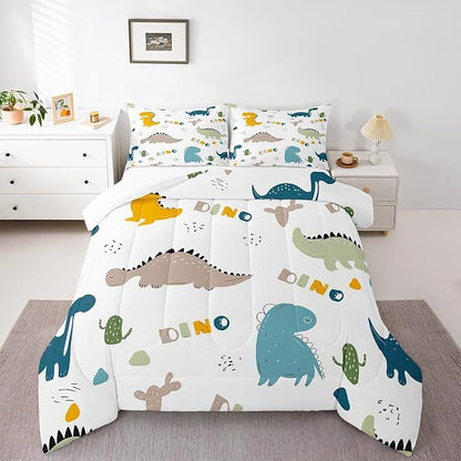 Feelyou Cute Dinosaur Comforter Set Cartoon Cactus Bedding Set Decor Jungle Dino Boho Succulent Comforter Wild Animal Pattern Yellow Grey Duvet Set Bedroom Quilt Set 3Pcs Queen