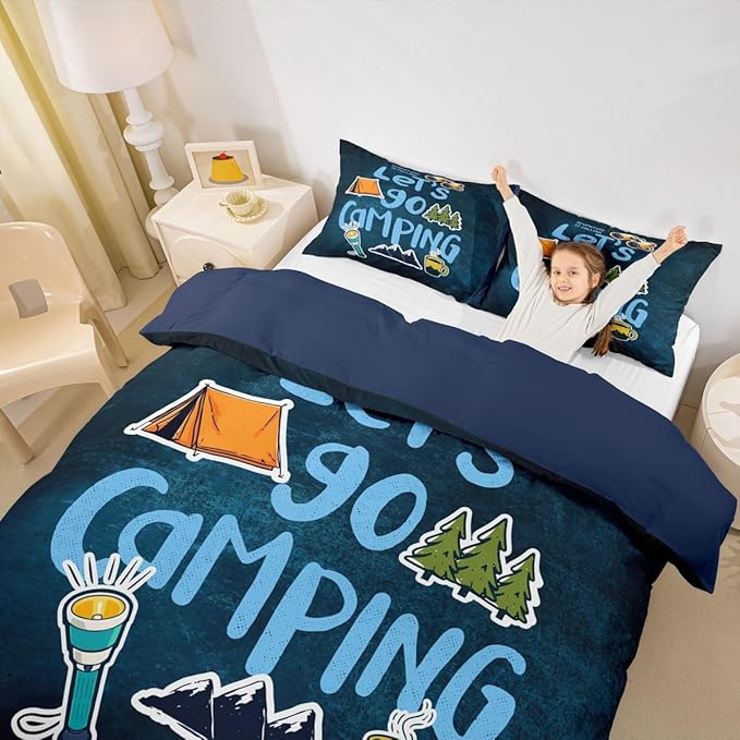 Happy Camping Comforter Cover Queen,Cartoon Camper Theme Duvet Cover Set Rustic Farmhouse Style Quilt Cover Navy Blue Bedding Set 3pcs for Kids Girls Teens Boys Room Decor with 2 Pillowcases